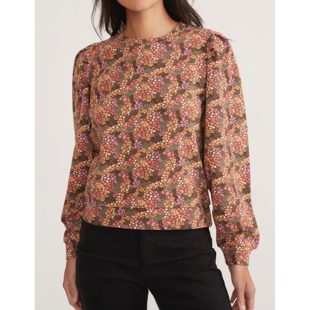 Marine Layer Cheetah Ditsy Floral Enya Puff Boho Sweatshirt Organic Cotton Small
